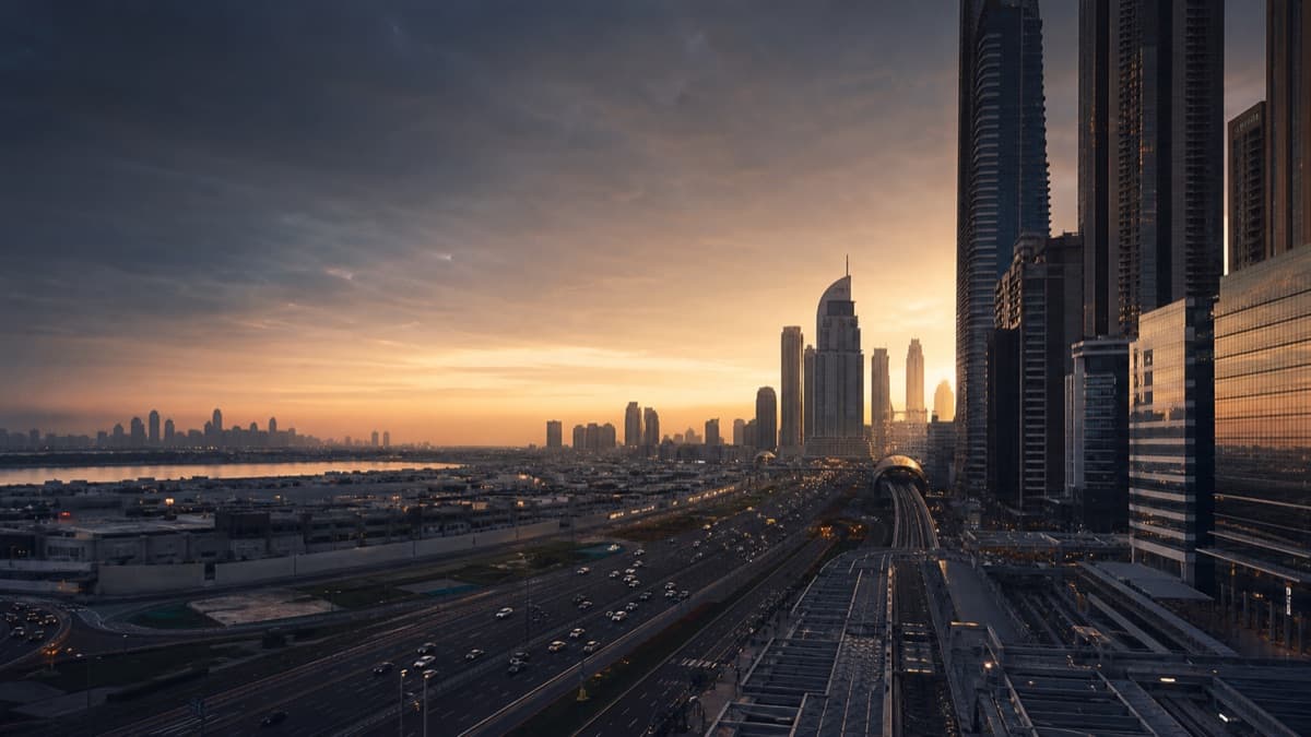 Dubai at dawn with traffic moving through the business district, illustrating the UAE economy returning to activity.